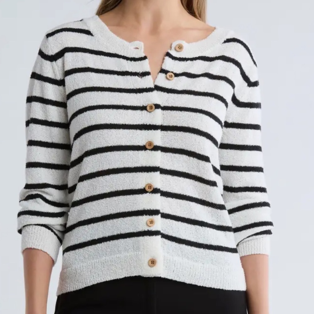 Bobeau Striped Black and White Button-Up Cardigan